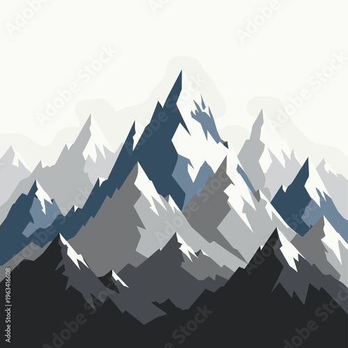 A stylized illustration of a mountain range with a bold color palette, conveying a sense of grandeur and serenity.