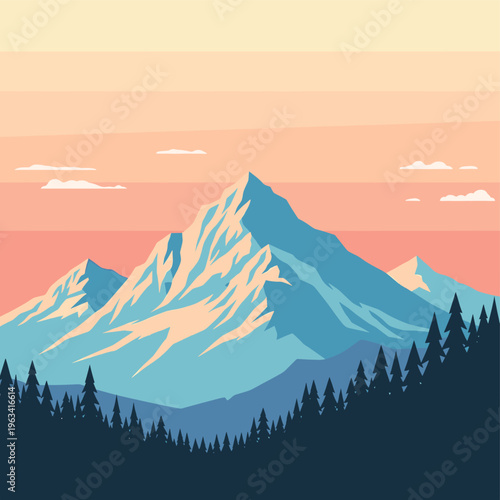 A serene and peaceful mountain forest landscape silhouette with trees against a blue sky.