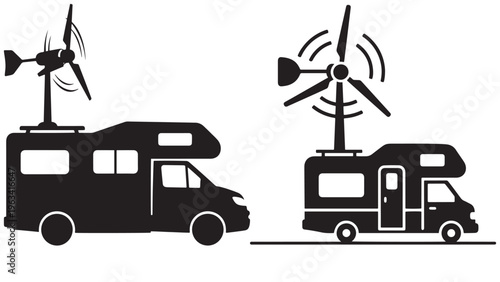 Sustainable RV travel concept with roof-mounted wind turbine generating clean renewable energy for off-grid camping adventures, vector silhouette icon.