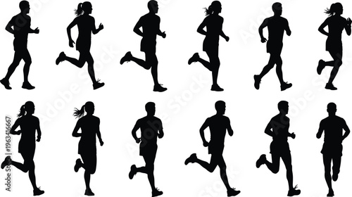 Silhouettes of male and female runners in dynamic motion sequence illustrating running gait cycle, speed, fitness, and athletic training