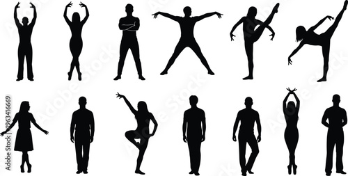 Silhouettes of human figures in expressive dance and casual standing poses showcasing posture, movement, balance, and gesture illustration