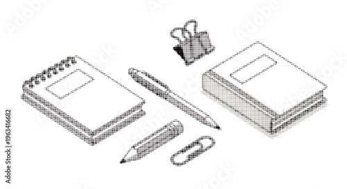 halftone illustration of office supplies and paper  business stationary