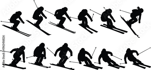 Silhouettes of skier performing jumps and turns in dynamic motion sequence showcasing winter sports, technique, speed, and athletic performance