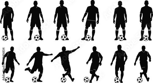 Silhouettes of soccer players standing and performing dynamic action poses with soccer balls showcasing sports motion, teamwork, and competition