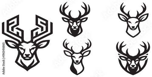 Set of stylized deer head logos and icons, graphic design elements.