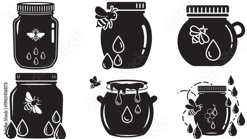 Collection of black and white vector illustrations featuring honey jars, flying bees, and dripping golden honey drops, symbolizing natural sweetness and beekeeping.