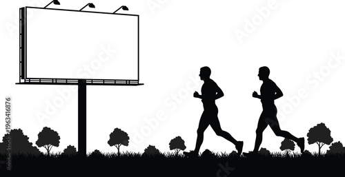 Silhouettes of two men jogging near blank billboard, outdoor fitness activity, running in nature, advertising space concept, vector illustration design