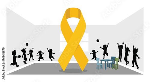 A large yellow awareness ribbon stands in a room with ten children's silhouettes playing with balls and furniture.