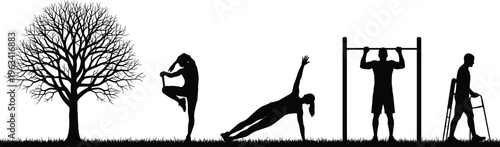 Silhouettes of tree, yoga, exercise, pull-ups, and rehabilitation poses symbolizing fitness, strength, recovery, and life cycle illustration