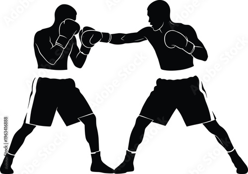 Silhouettes of two boxers in fighting stance with punch and defense poses showcasing sports motion, strength, and competitio