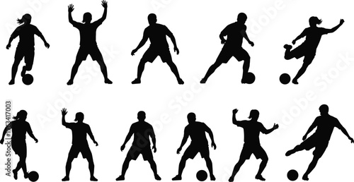 Soccer player silhouettes set showing dribbling kicking and controlling ball in action poses isolated black vector illustration for sport design