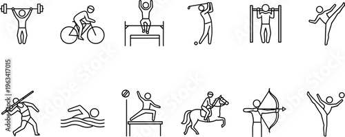 Sport activity icons set including cycling swimming gymnastics archery and weightlifting isolated black outline vector illustration for fitness design use