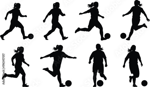 Soccer player silhouettes showing running dribbling and kicking ball in action poses isolated black vector illustration for sport fitness design use