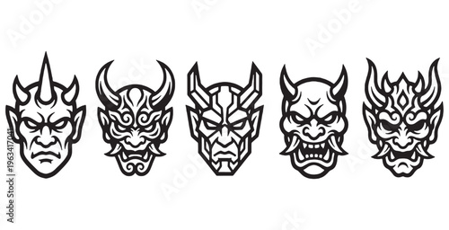 Collection of five stylized Japanese Oni masks with fierce expressions and horns, presented in a graphic vector art style.