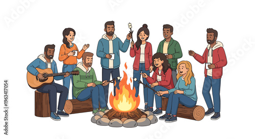 Colorful illustration of friends gathering around campfire, outdoor social scene, people having fun, camping vector graphics