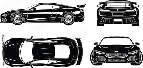 Sports car vector set showing side front rear and top views isolated black illustration for automotive design transport and racing use