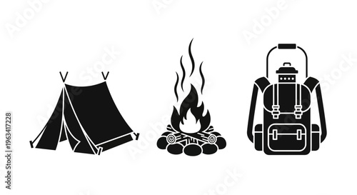 Camping Icons Set: Tent, Campfire, and Hiking Backpack