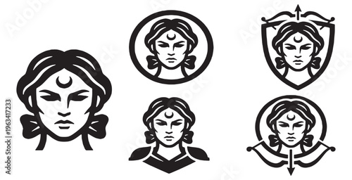 Set of stylized illustrations of a powerful female warrior with a crescent moon symbol on her forehead, featuring different emblem designs.