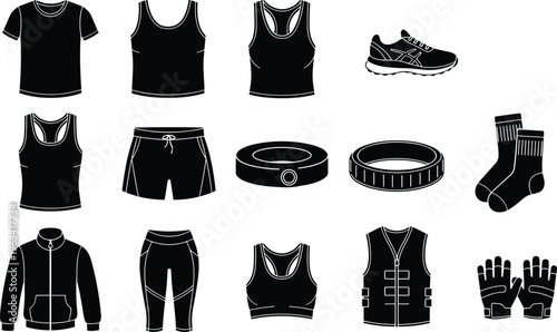 Sportswear and fitness clothing vector set including shirts shorts shoes gloves and accessories isolated black illustration for active lifestyle design