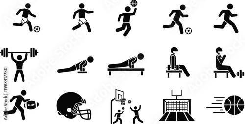 Sports silhouettes collection featuring soccer, basketball, gym workout, weightlifting, and fitness training icons isolated on white background vector set