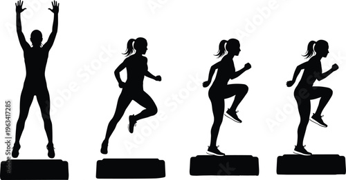 Step aerobics workout silhouettes showing jumping and knee lift exercises isolated black vector illustration for fitness training and gym design use