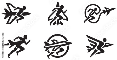 Set of stylized icons depicting a runner with jet propulsion and airplane elements, symbolizing speed and aviation.