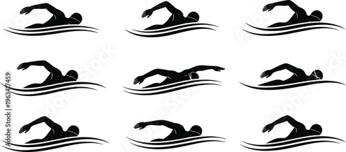 Swimming freestyle silhouettes set featuring swimmer strokes in water dynamic sports action vector illustration isolated on white background for fitness design