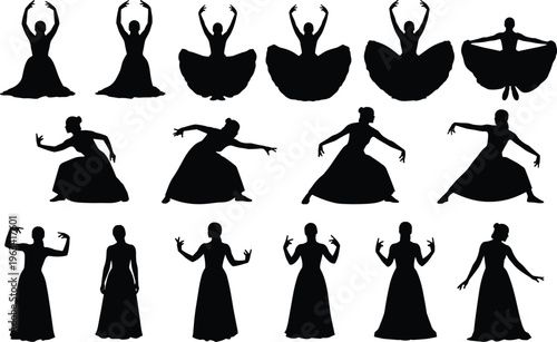 Traditional dance silhouettes collection featuring female performers in elegant cultural poses, graceful movement and performance isolated on white background