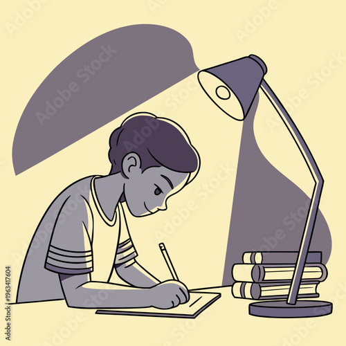 A young girl studies at a desk with a lamp