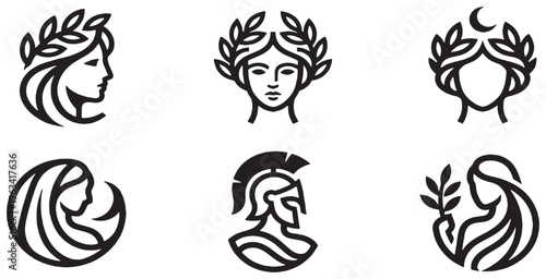 Collection of stylized line art icons featuring female profiles and a warrior's helmet, evoking classical and mythological themes.