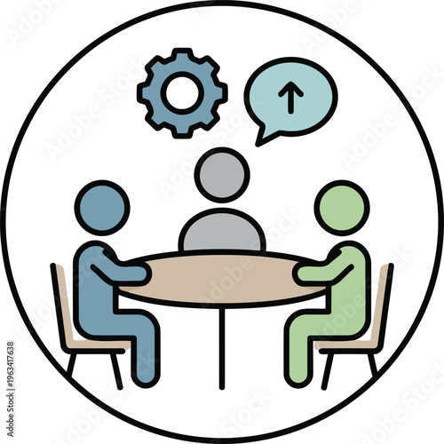 Business meeting, teamwork, communication icons, gear and speech bubble symbols, flat design