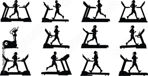 Treadmill workout silhouettes collection showing people running and walking on cardio machines, fitness training activity isolated on white background