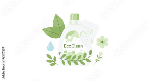 A white EcoClean detergent bottle with a green cap is surrounded by green leaves, a blue water droplet, and flowers on a white background.