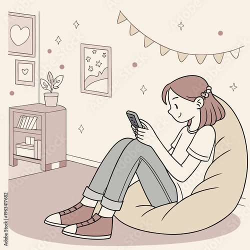 A woman sitting on a beanbag chair and using her smartphone