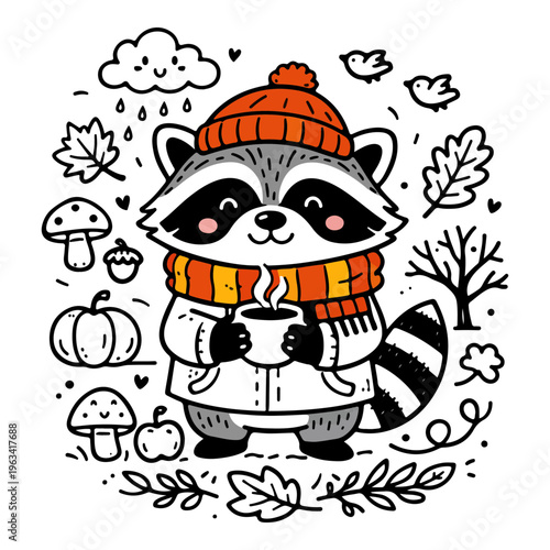 Cozy Cartoon Raccoon with Hot Drink in Autumn