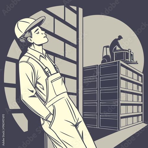 A man in overalls and a cap looks up at another man on a stack of pallets