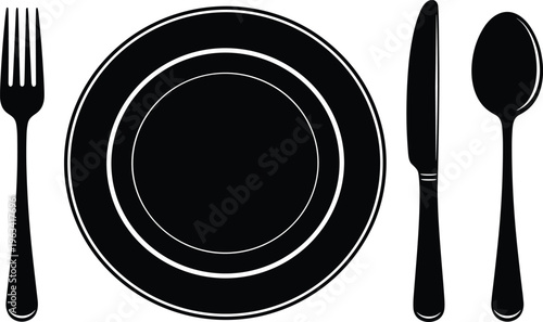 Black and White Silhouette of a Classic Table Setting with Plate Fork Knife and Spoon Isolated on a White Background