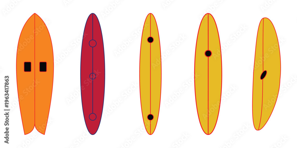 Fototapeta premium Surfboard & Surfing Icons – Flat, Stroke, and Silhouette Vector Set