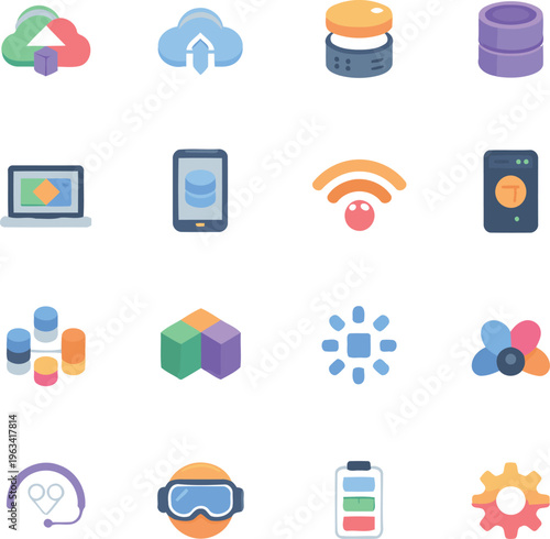 Technology icons, colorful vector set, 12 symbols, tech and internet, business and communication
