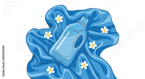 A light blue detergent bottle rests on a flowing blue fabric with scattered white daisy-like flowers against a white background.