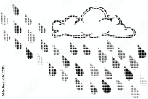 halftone illustration of rain cloud with falling raindrops on white background