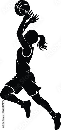 Black and white silhouette of a female basketball player jumping to shoot a ball wearing a jersey on white background