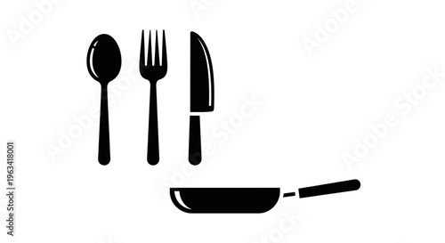 Kitchen Utensils Icon Set with Spoon Fork Knife and Frying Pan