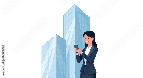 A young woman in a dark blue business suit stands looking at her black smartphone in front of two modern blue glass office buildings.