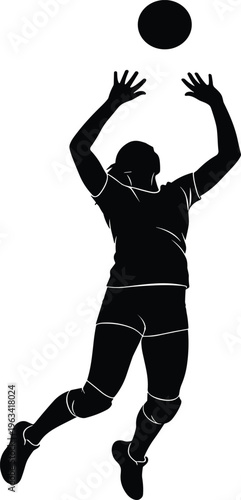 Black and white silhouette of a female volleyball player jumping to set a ball wearing jersey on a white background