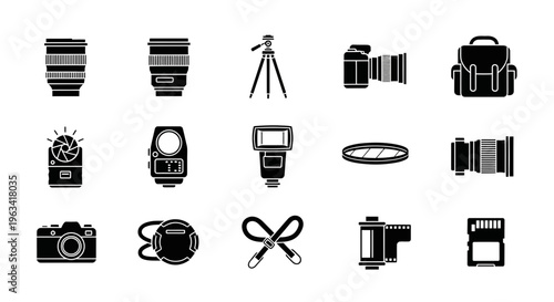 Set of Photography Equipment and Camera Gear Icons