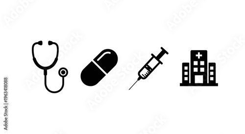 Medical Icon Set Featuring Stethoscope Pill Syringe and Hospital Building