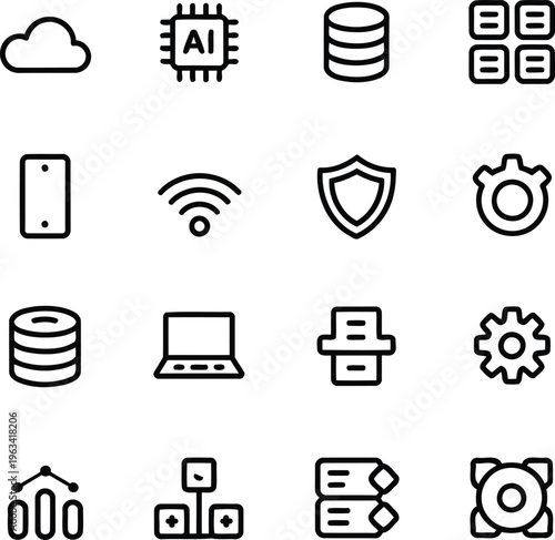 Technology icons, data storage symbols, AI and network security graphics, web and software development