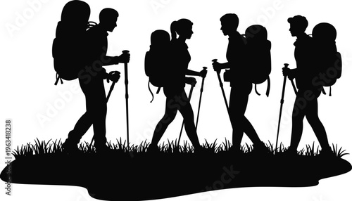 Hiking people silhouette vector set with backpackers walking on trail, trekking adventure illustration, outdoor travel lifestyle clipart, black and white isolated design