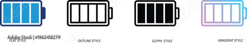 Full battery icon set in flat, outline, glyph and gradient styles representing maximum charge and power level. Concept of energy, electricity and accumulator status for UI, web and mobile app design.